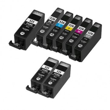 8 Multipack Canon PGI-525 BK & CLI-526 BK/C/M/Y/GY High Quality Compatible Ink Cartridges. Includes 3 Photo Black, 1 Black, 1 Cyan, 1 Magenta, 1 Yellow, 1 Grey