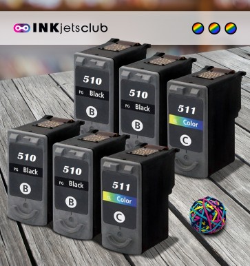 6 Multipack Canon PG-510 BK & CL-511 CL High Quality Remanufactured Ink Cartridges. Includes 4 Black, 2 Colour