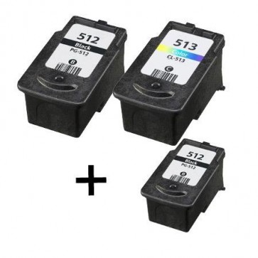 3 Multipack Canon PG-512 BK & CL-513 CL High Quality Remanufactured Ink Cartridges. Includes 2 Black, 1 Colour