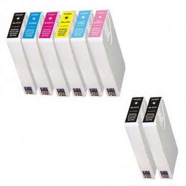 8 Multipack Epson T5597 BK/C/M/Y/LC/LM High Quality Remanufactured Ink Cartridges. Includes 3 Black, 1 Cyan, 1 Magenta, 1 Yellow, 1 LIght Cyan, 1 Light Magenta