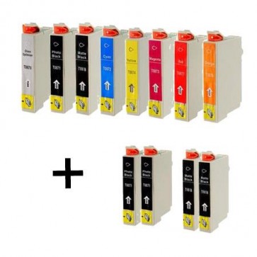 12 Multipack Epson T0870/1/2/3/4/7/8/9 High Quality Remanufactured Ink Cartridges. Includes 3 Matte Black, 3 Photo Black, 1 Cyan, 1 Magenta, 1 Yellow, 1 Red, 1 Orange, 1 Light Grey