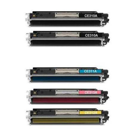 5 Multipack HP 126A (CE310A-13A) High Quality Remanufactured Laser Toners. Includes 2 Black, 1 Cyan, 1 Magenta, 1 Yellow