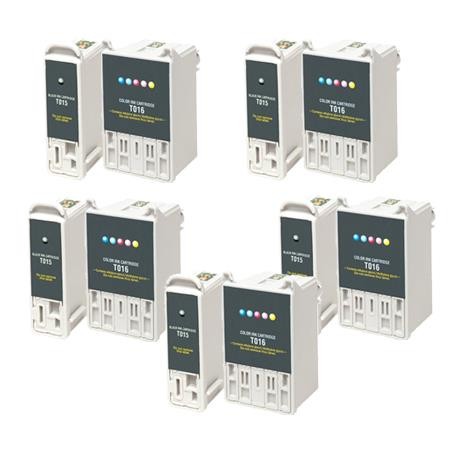 10 Multipack Epson T015 Black & T016 Colour High Quality Remanufactured Ink Cartridges. Includes 5 Black, 5 Colour