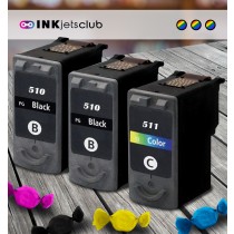 3 Multipack Canon PG-510 BK & CL-511 CL High Quality Remanufactured Ink Cartridges. Includes 2 Black, 1 Colour