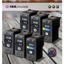 6 Multipack Canon PG-510 BK & CL-511 CL High Quality Remanufactured Ink Cartridges. Includes 4 Black, 2 Colour