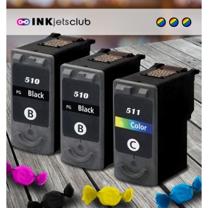 3 Multipack Canon PG-510 BK & CL-511 CL High Quality Remanufactured Ink Cartridges. Includes 2 Black, 1 Colour