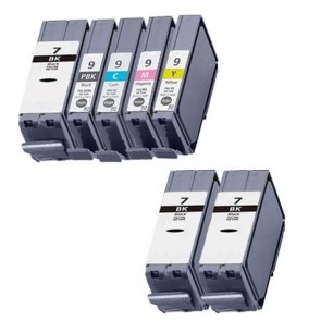 7 Multipack Canon PGI-7 BK & PGI-9 PBK/C/M/Y High Quality Compatible Ink Cartridges. Includes 3 Black, 1 Photo Black, 1 Cyan, 1 Magenta, 1 Yellow