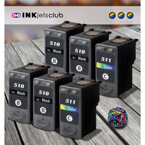 6 Multipack Canon PG-510 BK & CL-511 CL High Quality Remanufactured Ink Cartridges. Includes 4 Black, 2 Colour