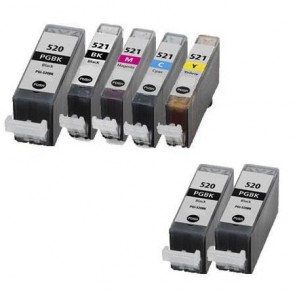 7 Multipack Canon PGI-520 BK & CLI-521 BK/C/M/Y High Quality Compatible Ink Cartridges. Includes 3 Photo Black, 1 Black, 1 Cyan, 1 Magenta, 1 Yellow