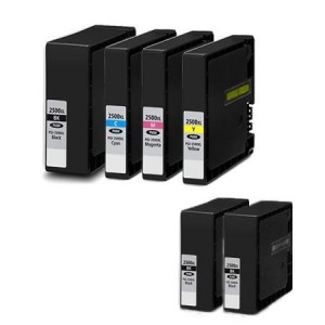 6 Multipack Canon PGI-2500XL BK/C/M/Y High Yield Compatible Ink Cartridges. Includes 3 Black, 1 Cyan, 1 Magenta, 1 Yellow